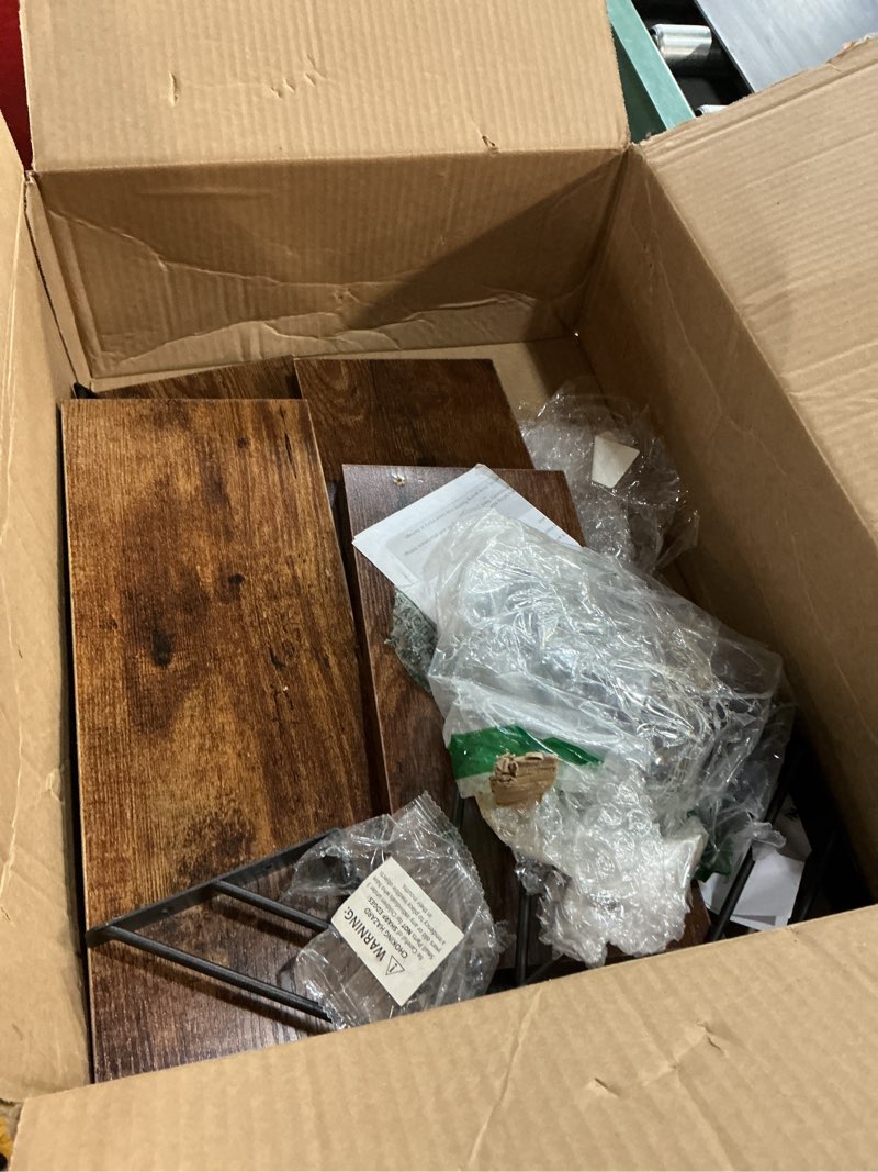 Condition photo showing As Is for bayka wall shelves for bedroom decor, floating shelves for wall living room kitchen storage, mounted rustic wood floating shelves for kids books, corner shelf for bathroom(rustic brown?set of 4) c. rustic brown board & black brackets 4-piece set