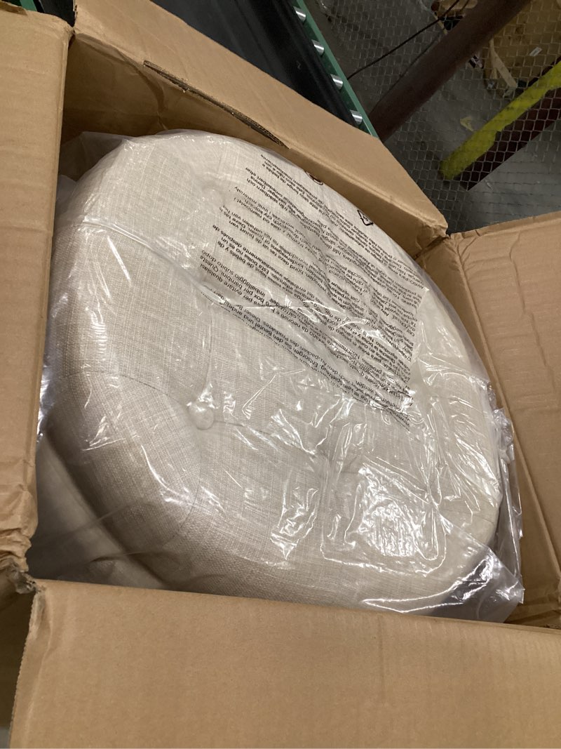 Condition photo showing As Is for Amazon Basics Round Linen Ottoman with Storage, Tufted Upholstered Footstool for Living Room and Bedroom, 20" x 17", Linen Burlap Beige Burlap 20"D x 20"W x 17"H