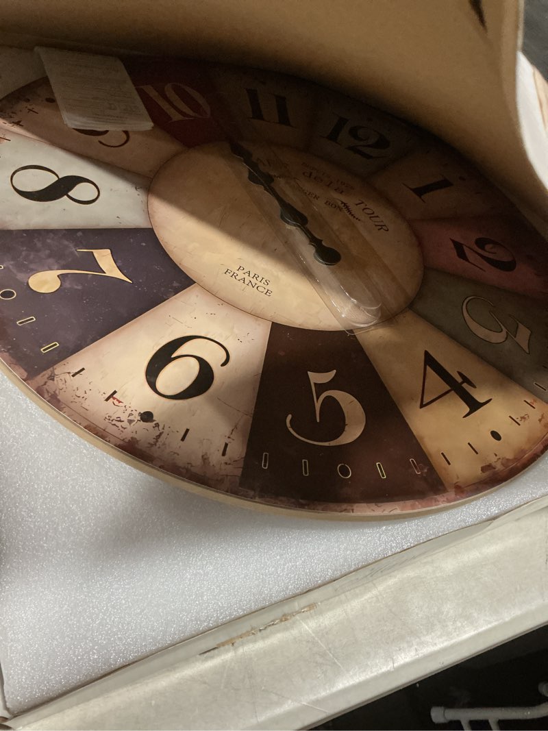 Condition photo showing As Is for 24 Inch Nautical Rustic Wall Clock for Office Wood Extra Large Battery Clock Decorative Colorful Wall Clock Silent(No Solid Wood, It is with MDF Material) 24 Inch Colorful1
