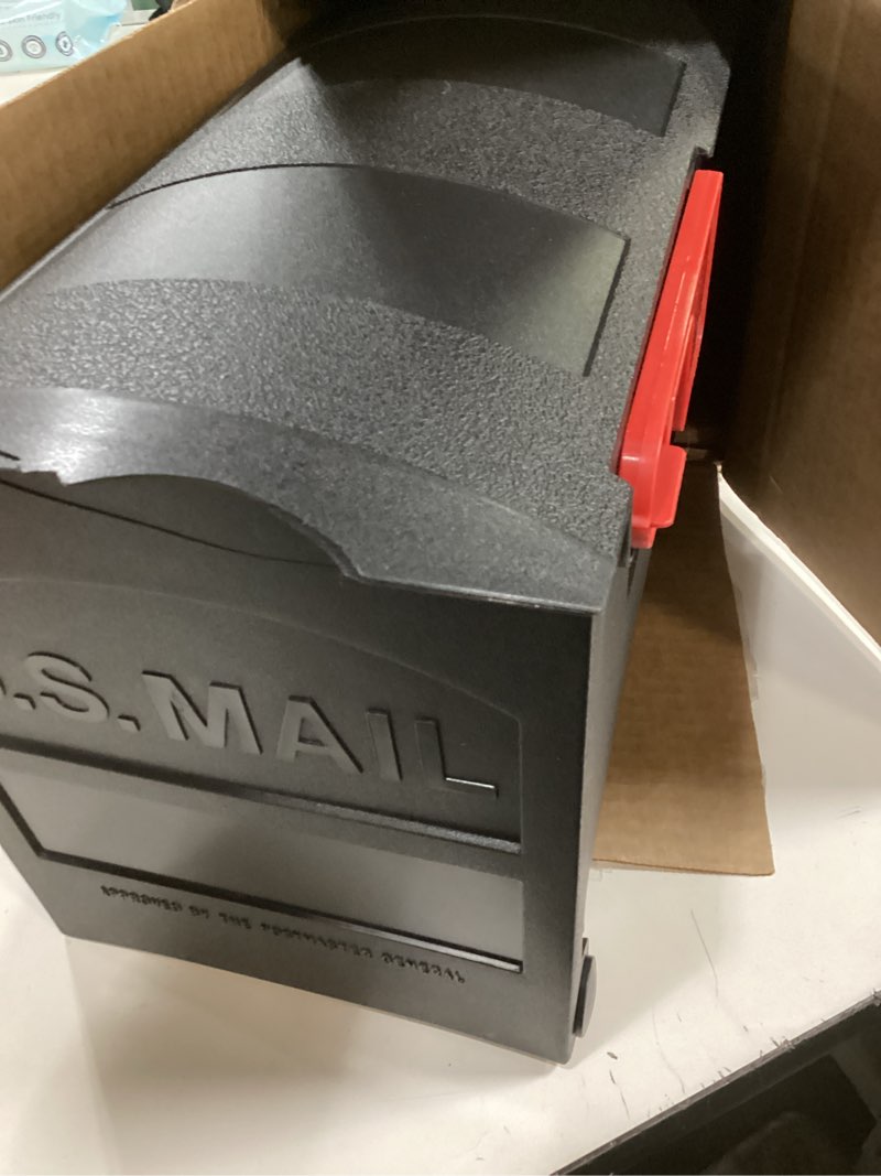 Condition photo showing As Is for Architectural Mailboxes Patriot Plastic Post Mount Mailbox, Compatibility Code E, GMB505BAM, Black, Medium Capacity
