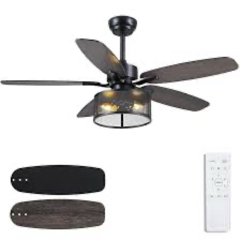 48" black farmhouse ceiling fan with light and remote, industrial cage design, rustic flush mount fo