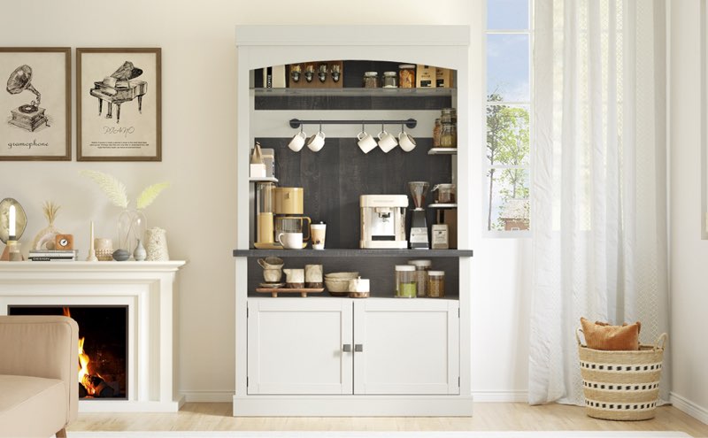 Farmhouse Coffee Bar Cabinet With LED Lights 72" Tall Coffee Hutch Cabinet