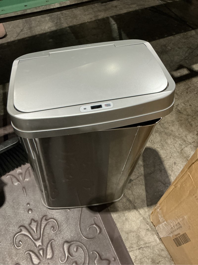 Condition photo showing As Is for ninestars nova series gallon odor elimating automatic kitchen trash can automatic odor control motion sensor garbage bin, smart opening stainless steel, silver