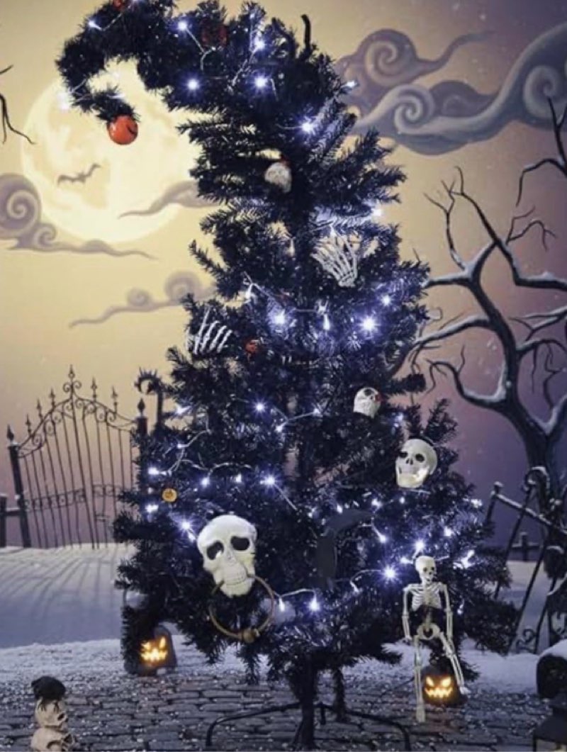 Daifunli 6 ft Black Christmas Tree with Light - Prelit Halloween Crooked Neck Christmas Tree Artific