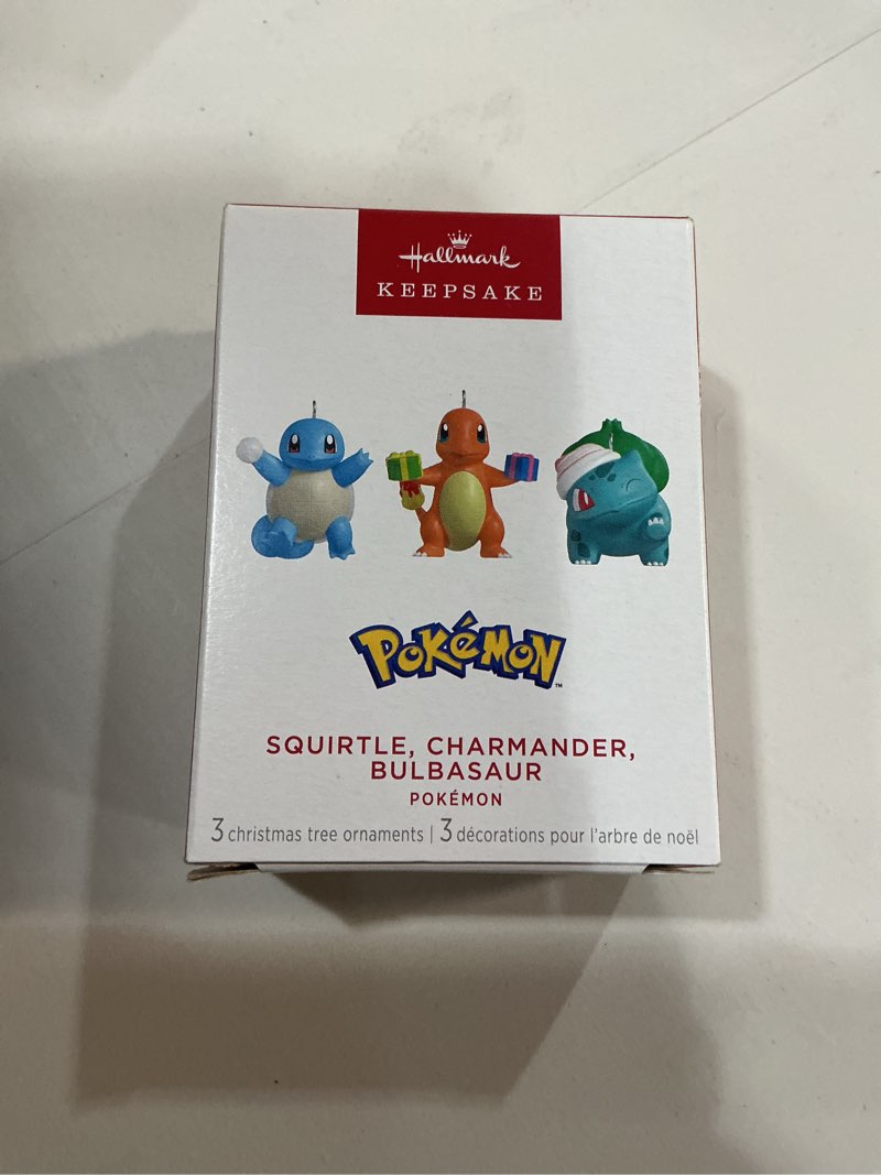 Condition photo showing New/Like New for hallmark keepsake mini christmas ornaments, pokémon squirtle, charmander, bulbasaur, set of 3, gifts