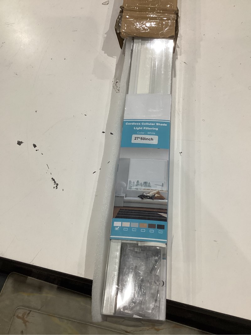 Condition photo showing Good Condition for myshade cordless cellular window shades light filtering blinds for indoor windows 1.5 inch honeycomb cell sheer fabric accordion pull down blinds easy lift easy to install, size 27" w x 50" h (white) white 27"w x 50"h