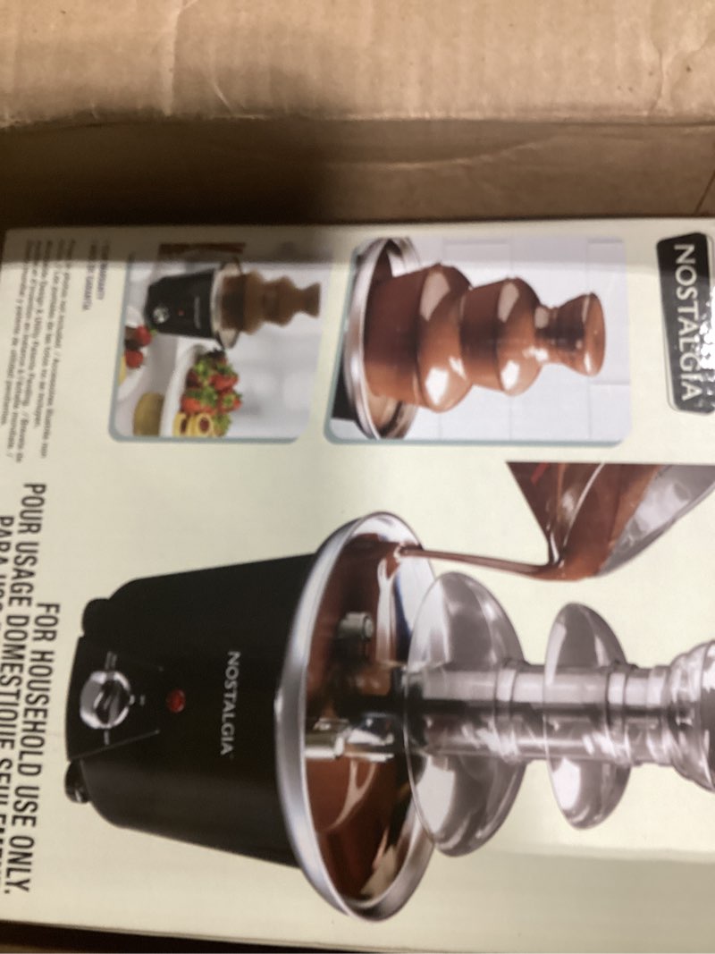 Condition photo showing New/Like New for nostalgia 3 tier electric chocolate fondue fountain machine for parties - melts cheese, queso, candy, and liqueur - dip strawberries, apple wedges, vegetables, and more - 24-ounce - black, small