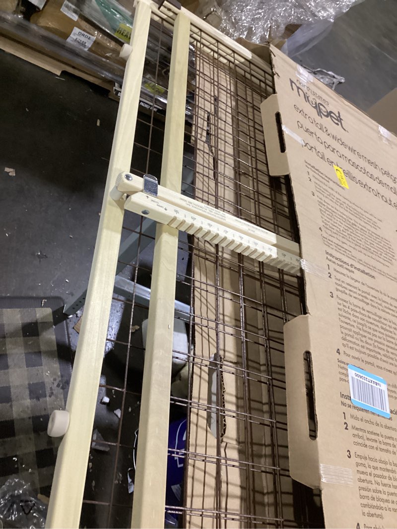 Condition photo showing As Is for mypet north states extra tall & wide wire mesh dog gate: 29.5-48" wide, 37" tall, natural finish, made in usa 29.5"-48" wide, 37" tall