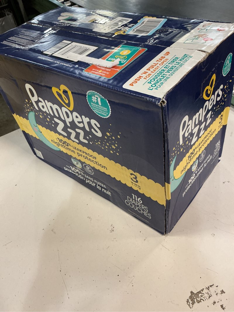 Condition photo showing New/Like New for pampers zzz overnight diapers, size 3 (16-28 lbs), 116 count, nighttime protection disposable baby diaper, night time leak and skin protection size 3 116