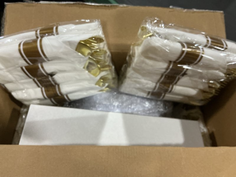 Condition photo showing Good Condition for dayammi 350pcs gold plastic dinnerware set for 50 guests, fancy disposable plates for party, include: 50 dinner plates, 50 dessert plates, 50 pre rolled napkins with gold silverware, 50 cups a gold 350pcs?50 guests)