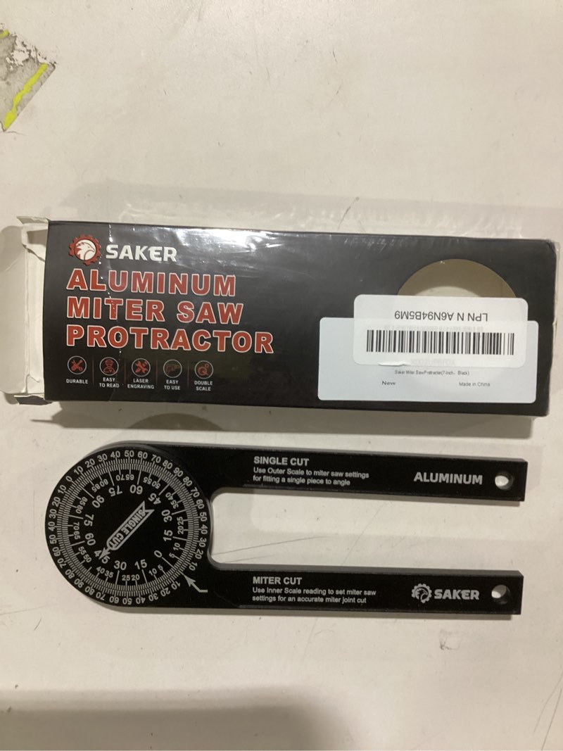 Condition photo showing New/Like New for Saker Miter Saw Protractor|7-Inch Aluminum Protractor Angle Finder Featuring Precision Laser-Inside & Outside Miter Angle Finder for Carpenters, Plumbers and All Building Trades (Black) 1 Pack