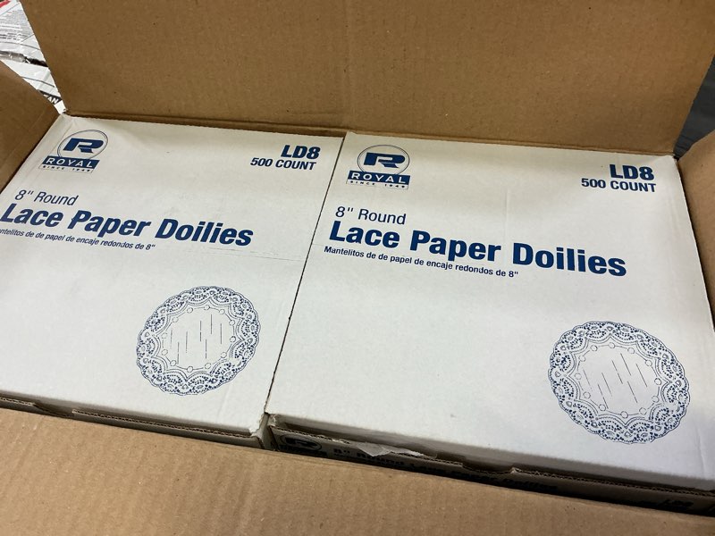 Condition photo showing New/Like New for amercareroyal lace doilies, round, 8", white, 5,000/carton