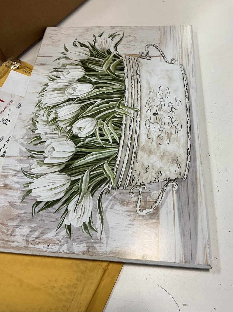 Condition photo showing Good Condition for Stupell Industries White Tulip Flowers Fresh Vintage Country Tin Painting Wood Wall Art, Design by Cindy Jacobs 13"L x 19"W