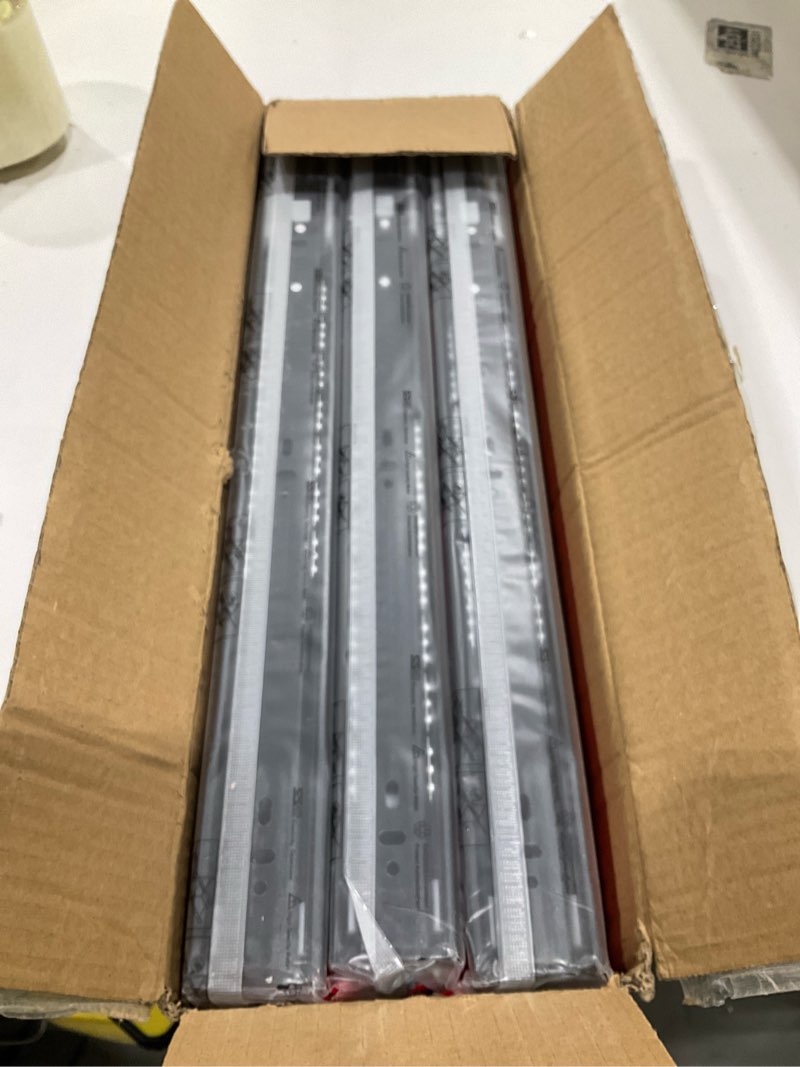 Condition photo showing Good Condition for 18 inch Drawer Slides 6 Pairs (12pcs) Soft Close 3 fold Full Extension Side Mount Cabinet Drawer Glides 18" Black Cabinet Rails for Dresser, Cabinet, Kitchen 100 LB Capacity