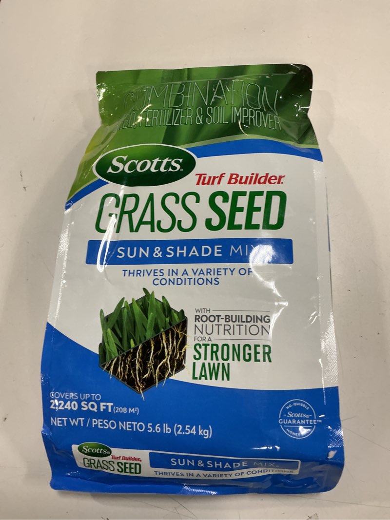 Condition photo showing New/Like New for Scotts Turf Builder Grass Seed Sun & Shade Mix with Fertilizer and Soil Improver, Thrives in Many Conditions, 5.6 lbs. 5.6 lb.