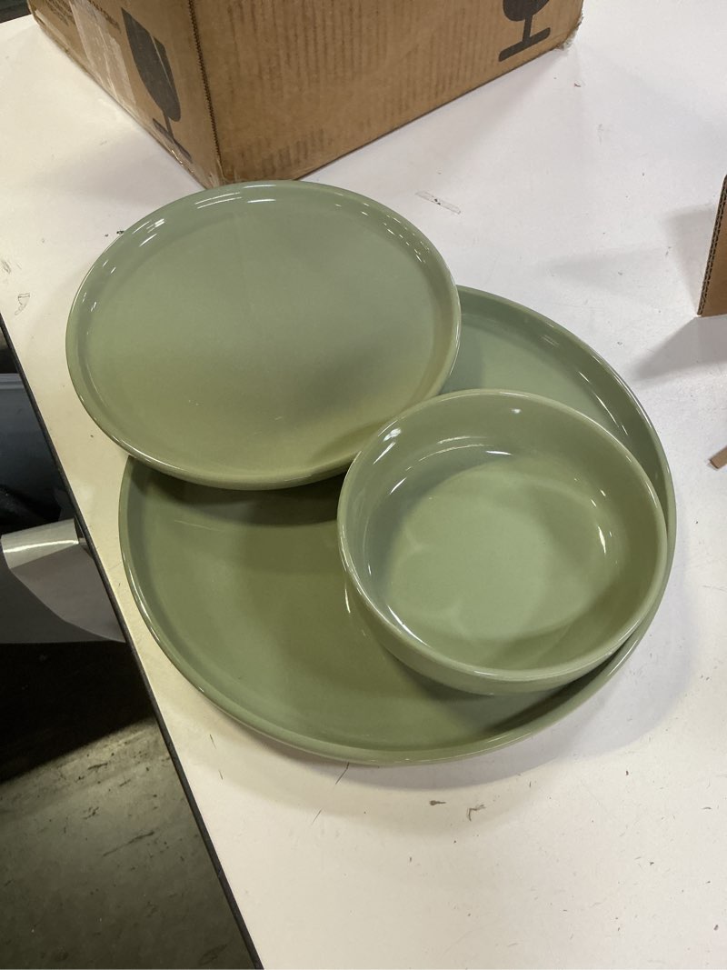 Condition photo showing As Is for ((Incomplete 3 pcs))Amazon Basics Glazed Stoneware Dinnerware, Ceramic 12-Piece Set, 4 Full Place Settings, Dishwasher-Safe, Olive Olive 12-Piece Dinnerware Set, Service for 4