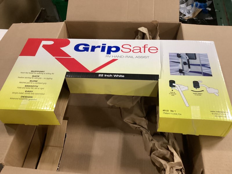 Condition photo showing As Is for rv designer r122 gripsafe handrail assist - locking folding aluminum grab handle with notched grip - safe entry assist for rv door - easy installation, 22 inch, white white 22 inch