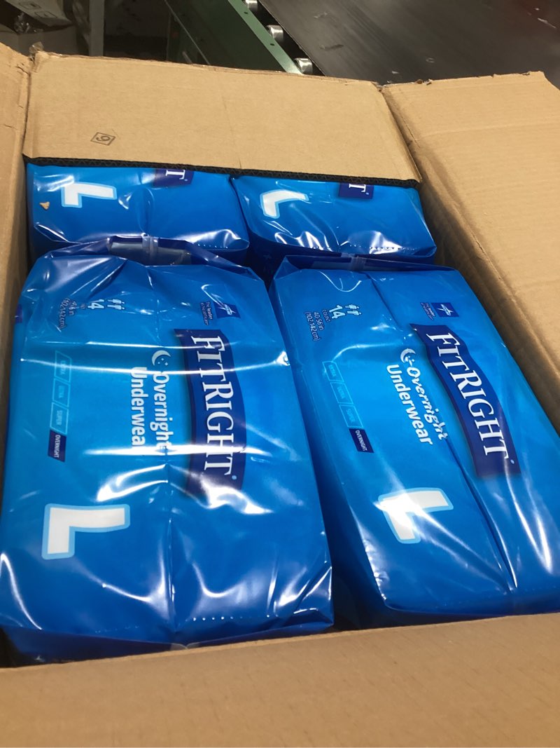 Condition photo showing Good Condition for fitright overnight unisex large underwear, (40-56 in waist) 56 count (4 bags of 14), maximum all night disposable incontinence protection, pull-on absorbent underwear for men and women large 4 bags