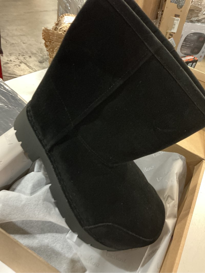 Condition photo showing New/Like New for (size l7)faux suede platform fuzzy snow boots round toe hippy winter boots slip on knee high chunky heel fur tall boots for women 7 black mid