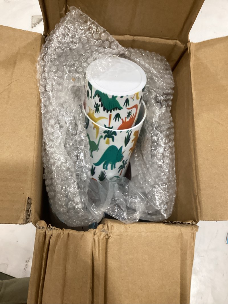 Condition photo showing As Is for (missing trashcan)bathroom accessory set 6 piece bright pattern colorful dinosaur a blue a grunge print for toothbrush holder, toothbrush cup, soap dispenser, soap dish, toilet brush holder, trash can for countertop