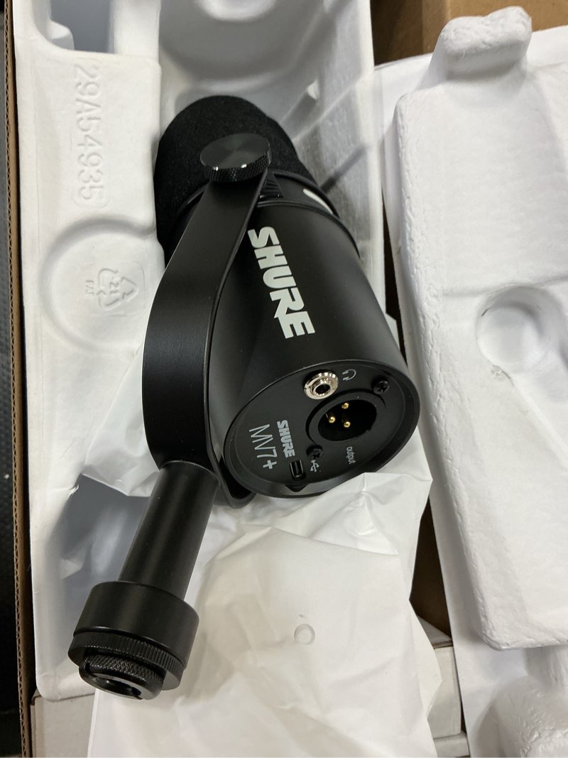 Condition photo showing Good Condition for shure mv7+ podcast dynamic microphone with stand. obs certified, enhanced audio, led touch panel, usb-c & xlr outputs, auto level mode, digital pop filter, podcasting, streaming, recording - black
