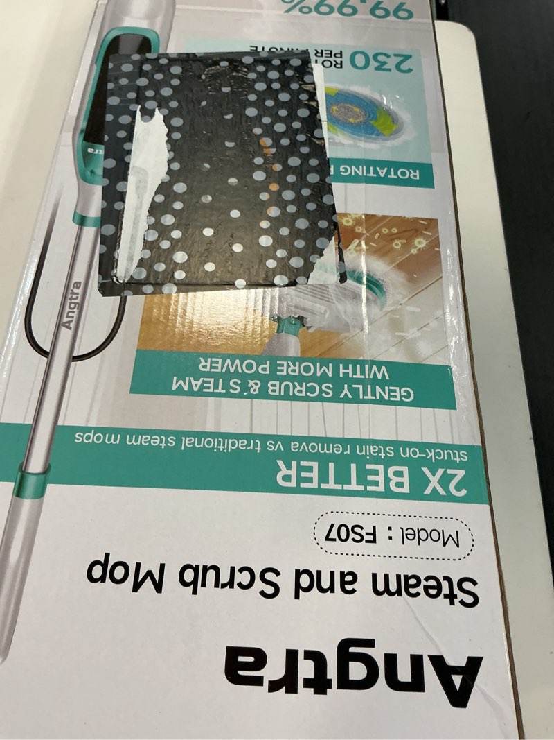 Condition photo showing New/Like New for scrubbing steam mop with rotating mop pads, all-in-one hard floor cleaner with led headlights, steam & spin control, 6 soft scrub pads, swivel steering, fs07 white