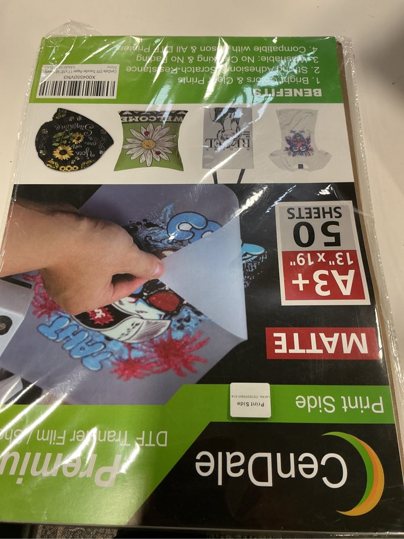 Condition photo showing Good Condition for CenDale Premium DTF Transfer Film 13"x19" - A3 Plus 50 Sheets Double-Sided Matte Clear PreTreat Sheets PET Heat Transfer Paper for DIY Direct Print on All Fabric and Colors T-Shirts Textile A3 Plus (13"x19")-50 Sheets