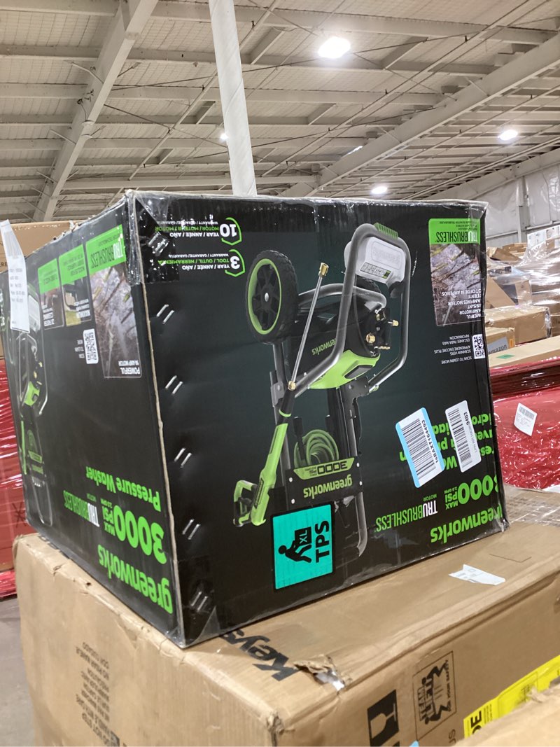 Condition photo showing As Is for greenworks pro brushless 3000 psi (csa certified) 2.0 gpm max / 1.1 gpm electric pressure washer (foldable handles, rugged steel frame, 25 ft hose, 35 ft gfci power cord) 3000 psi (new)