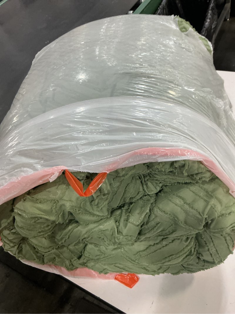 Condition photo showing As Is for zzlpp king comforter set 7 pieces, sage green tufted bed in a bag with comforter and sheets, all season boho bedding sets with 1 comforter, 2 pillow shams, 2 pillowcases, 1 flat sheet, 1 fitted sheet sage green king