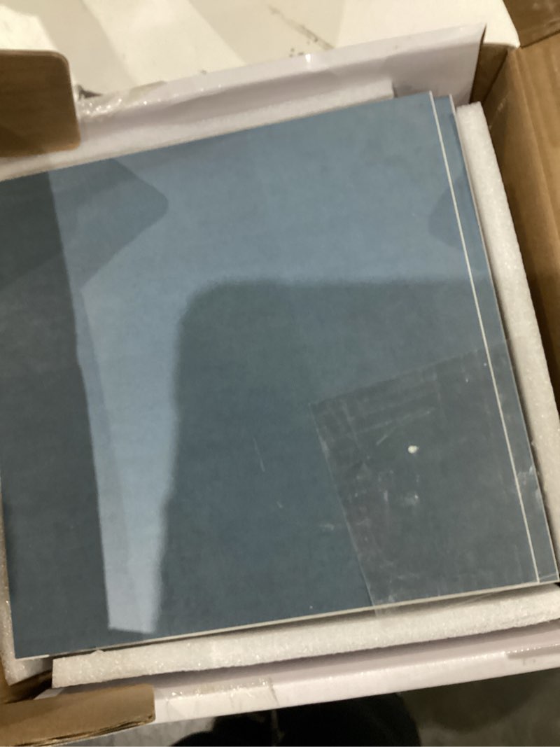 Condition photo showing As Is for 16-pack peel and stick floor and wall tile for kitchen bathroom, 9" x 9" stone composite self adhesive vinyl flooring blue cement looks waterproof backsplash tile, covers 9.12 sq ft. 9 inch x 9 inch blue 16