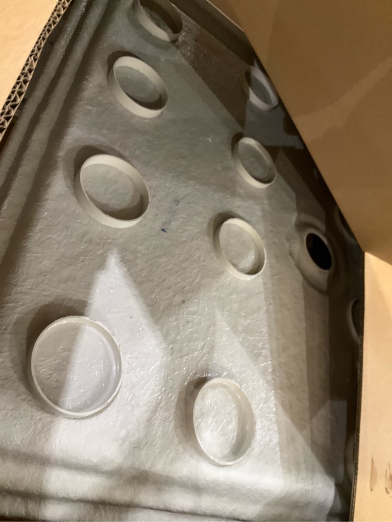 Condition photo showing As Is for dreamline slimline 42 in. d x 48 in. w x 2 3/4 in. h center drain single threshold shower base in white