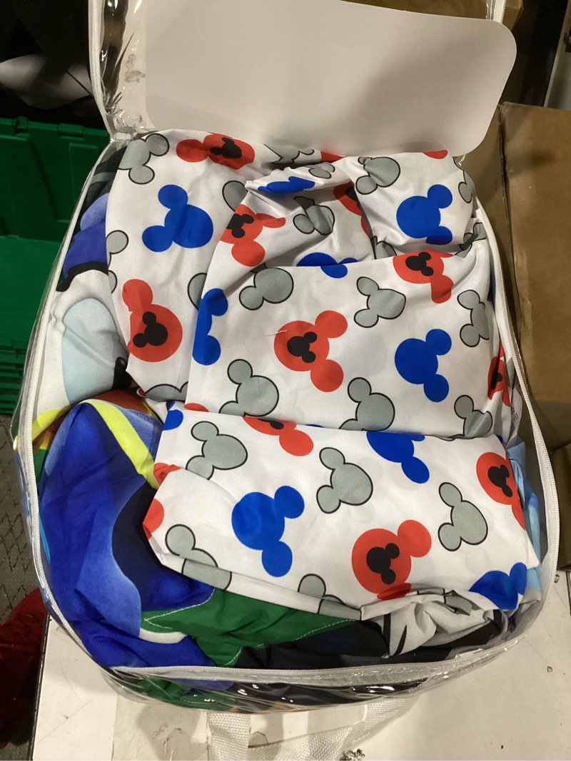 Condition photo showing Good Condition for disney mickey's big adventure blue, red, yellow & green 4piece toddler bed set - comforter, fitted bottom sheet, flat top sheet, reversible pillowcase, blue, red, yellow, green