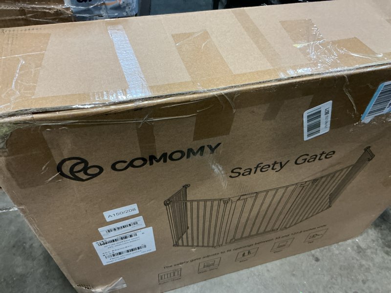 Condition photo showing Good Condition for comomy 127.8" extra wide baby gate, dog gate for house stairs doorways fireplace, auto close pet gate with door walk through, 5 metal panels, hardware mounted baby fence indoor outdoor(30" tall,white) 30"tall 127.8" wide white