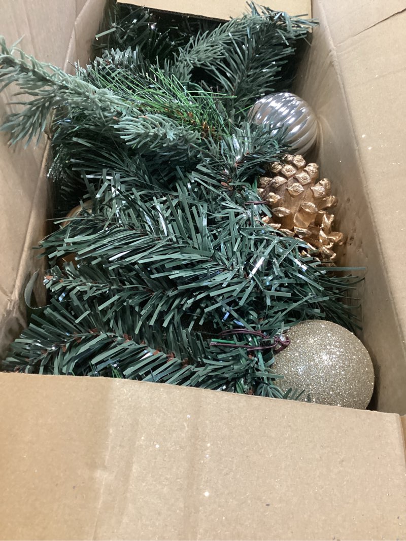 Condition photo showing As Is for 9ft Pre Lit Garland Christmas Gold Christmas Garland with Lights, Prelit Christmas Garland with Gold for Table Fireplace Stairs Railing Indoor Outdoor Xmas Holiday Garland Battery Operated