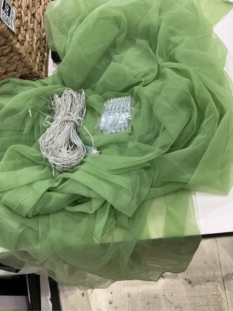 Condition photo showing Good Condition for olive green tulle backdrop curtain with lights string for parites, sheer photo backdrop curtains for wedding baby shower birthday party st. patrick's day photo shoot background decorations olive green (we don’t know size)