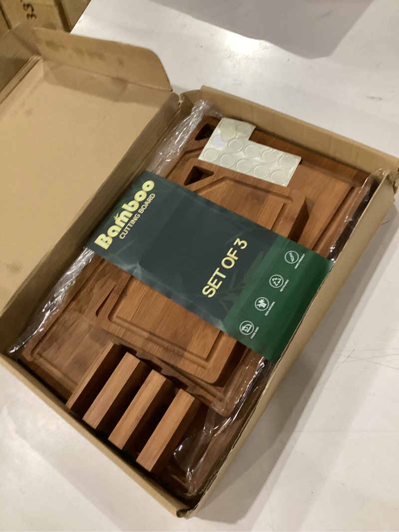 Condition photo showing Good Condition for bamboo cutting boards for kitchen, wood cutting boards with deep juice grooves, 3-pack bamboo cutting board set with holder, chopping board & charcuterie board for meal prep & serving