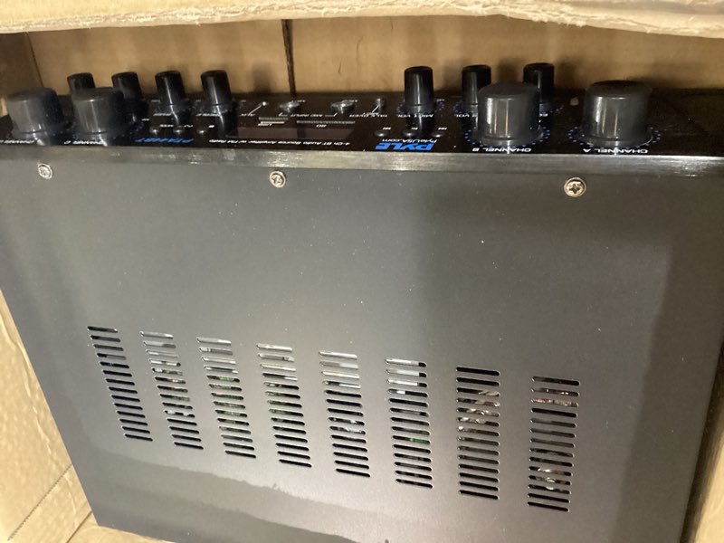 Condition photo showing As Is for pyle 4-channel audio amplifier with bluetooth - home stereo receiver w/ 500w max power - commercial or karaoke - dual mic input with echo, vol, talk-over - aux in - sub out - usb-a mp3 player, am/fm