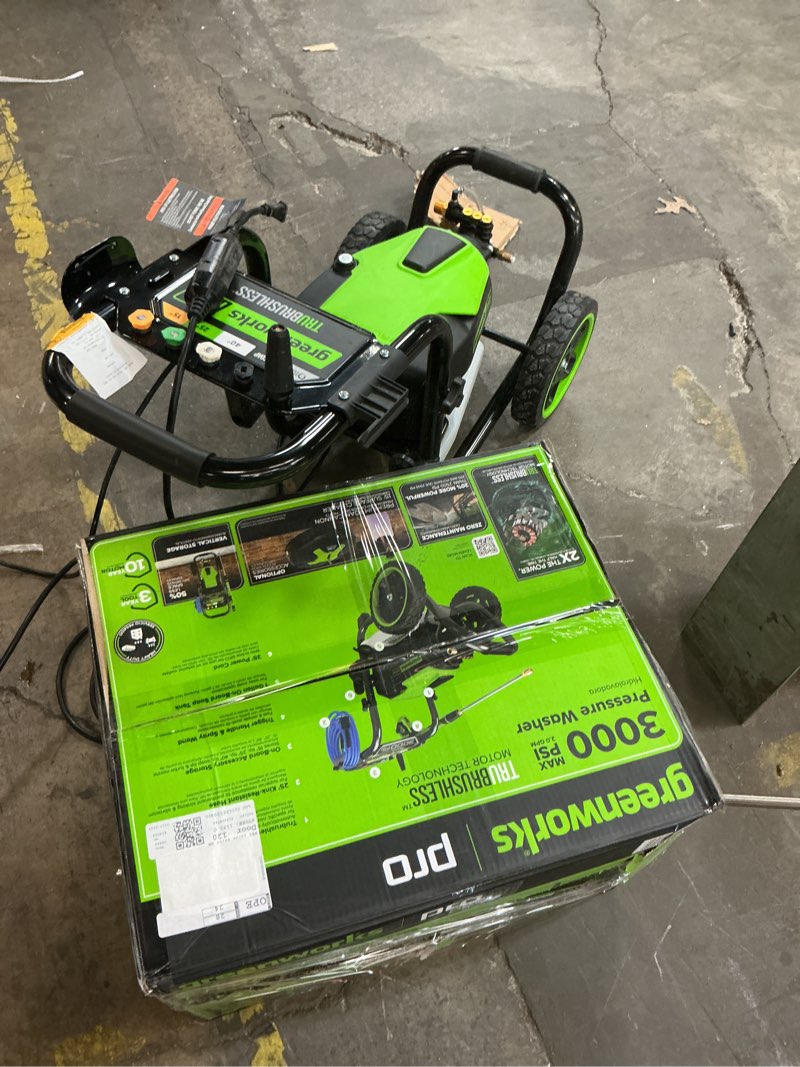 Condition photo showing As Is for greenworks pro 3000-psi 2.3-gpm cold water electric pressure washer(2 items for pick up)