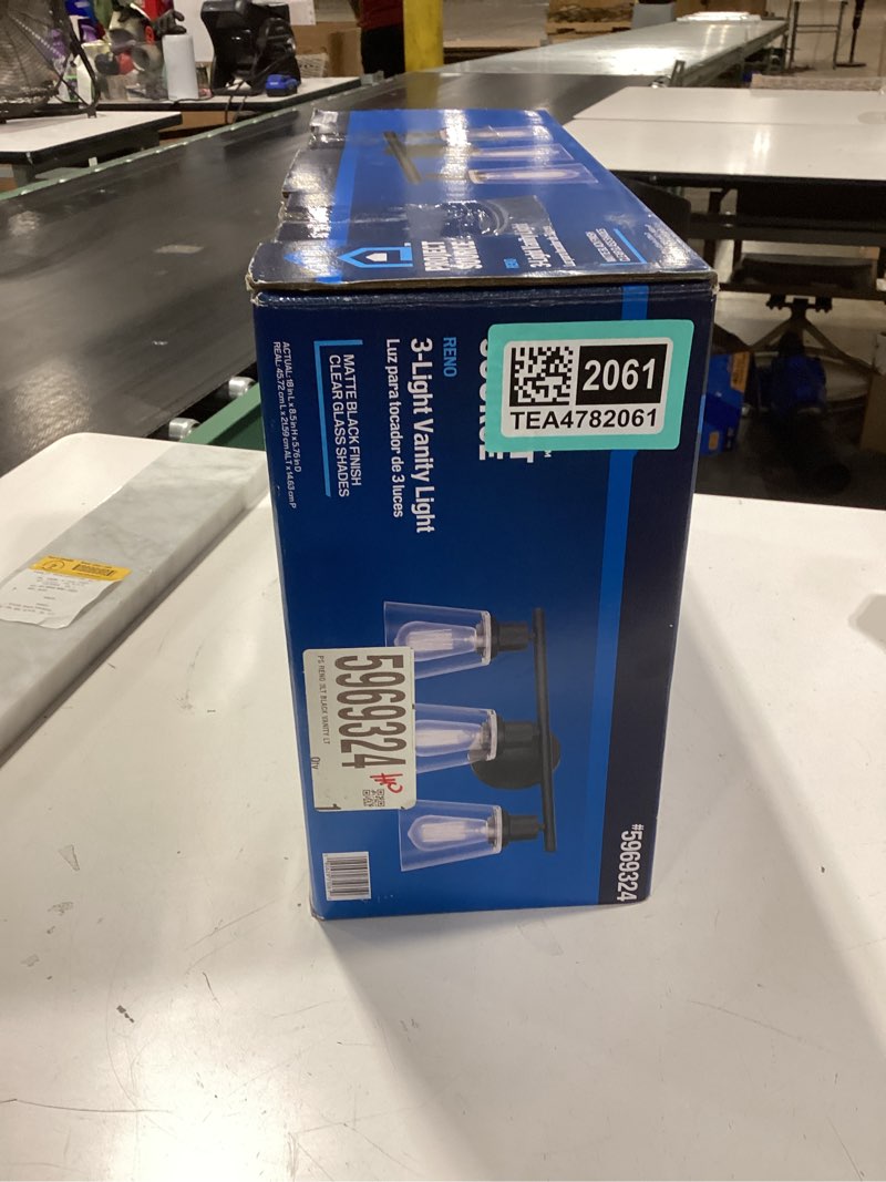 Condition photo showing As Is for project source 3-light vanity light. matte black finish clear glass shades.
