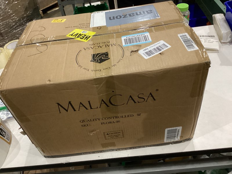 Condition photo showing As Is for MALACASA Plates and Bowls Sets, 26 Pieces Ivory White Porcelain Dinnerware Sets without Mugs, Square Dinnerware with Dinner Plates, Bowls and Serving Platters, Modern Dish Set for 6, Series Flora 26 Piece(Service for 6) Ivory White