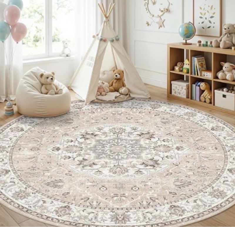 washable 8ft round area rug - living room oriental non slip soft rugs indoor low pile stain resistan