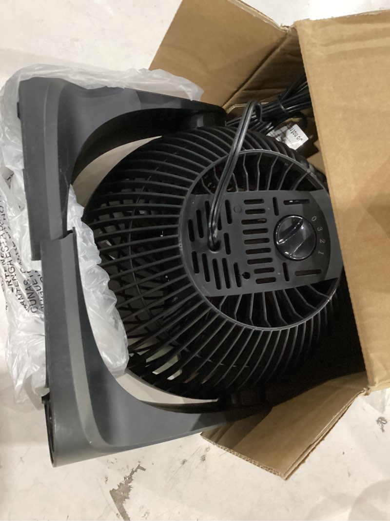 Condition photo showing Good Condition for amazon basics air circulator desk fan for bedroom, home and office, 90-degree tilt head, 3 speed settings, cooling, 35 watts, black, 11.1"w x 6.3"d x 10.9"h