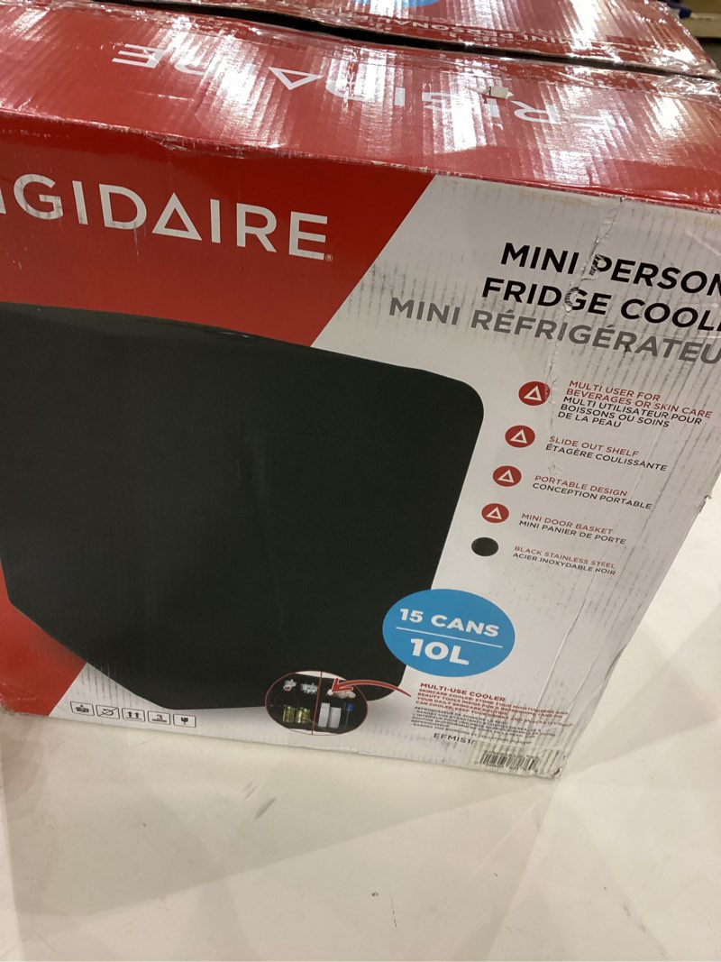 Condition photo showing Good Condition for Frigidaire Mini Personal Fridge Cooler, Countertop, Holds Up to 10L/15 Cans, Brushed Black Stainless Rugged Design, Portable for Skincare, Makeup, Car, Office, Bedroom, Dorm Room, or Cabin