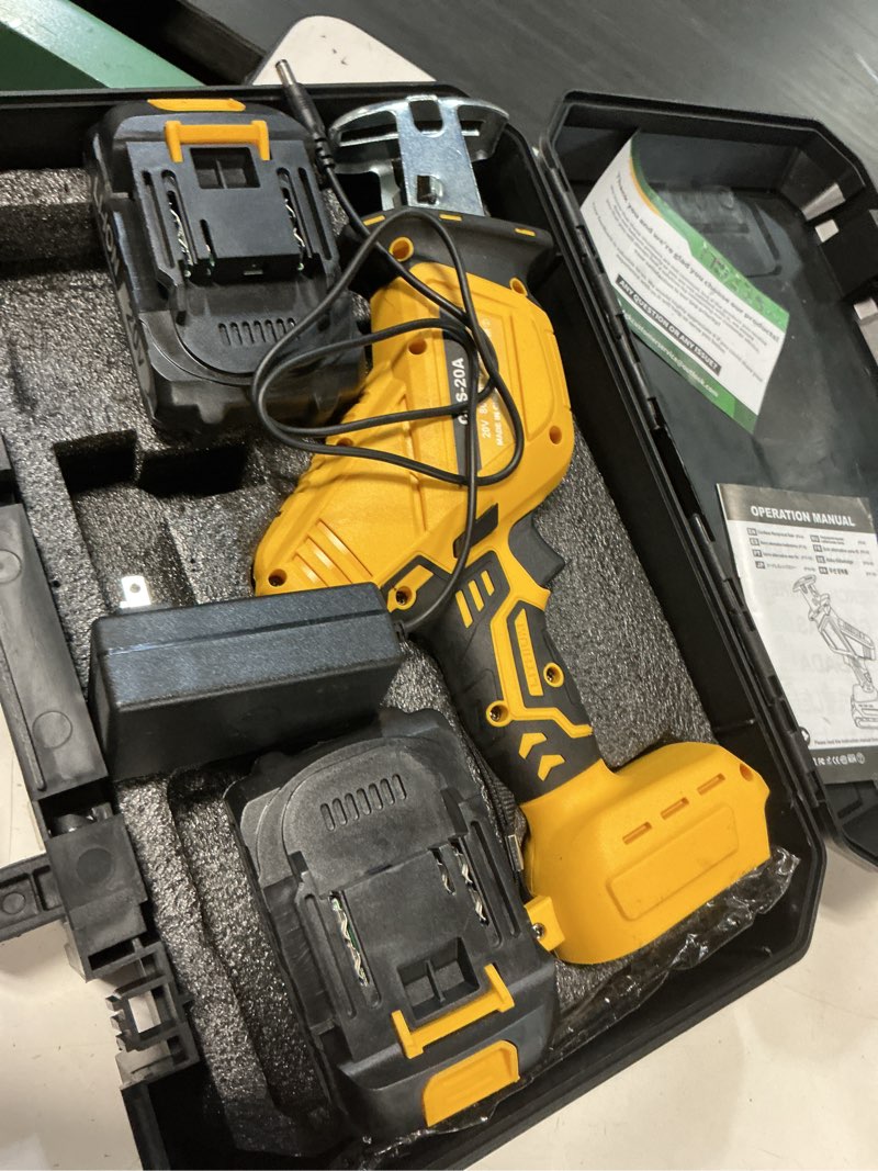 Condition photo showing Good Condition for cordless reciprocating saw, electric saw with battery and charger, 20v battery power saws, 0-3500 spm variable speed, tool-free change, 4 pcs blades for wood pvc metal pipe tree cutting, 2 batteries