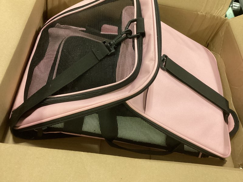 Condition photo showing As Is for Henkelion Pet Carrier for Small Medium Cats Dogs Puppies up to 15 Lbs, TSA Airline Approved, Soft Sided, Collapsible Travel - Pink 17.0"L x 11.0"W x 11.0"H Pink