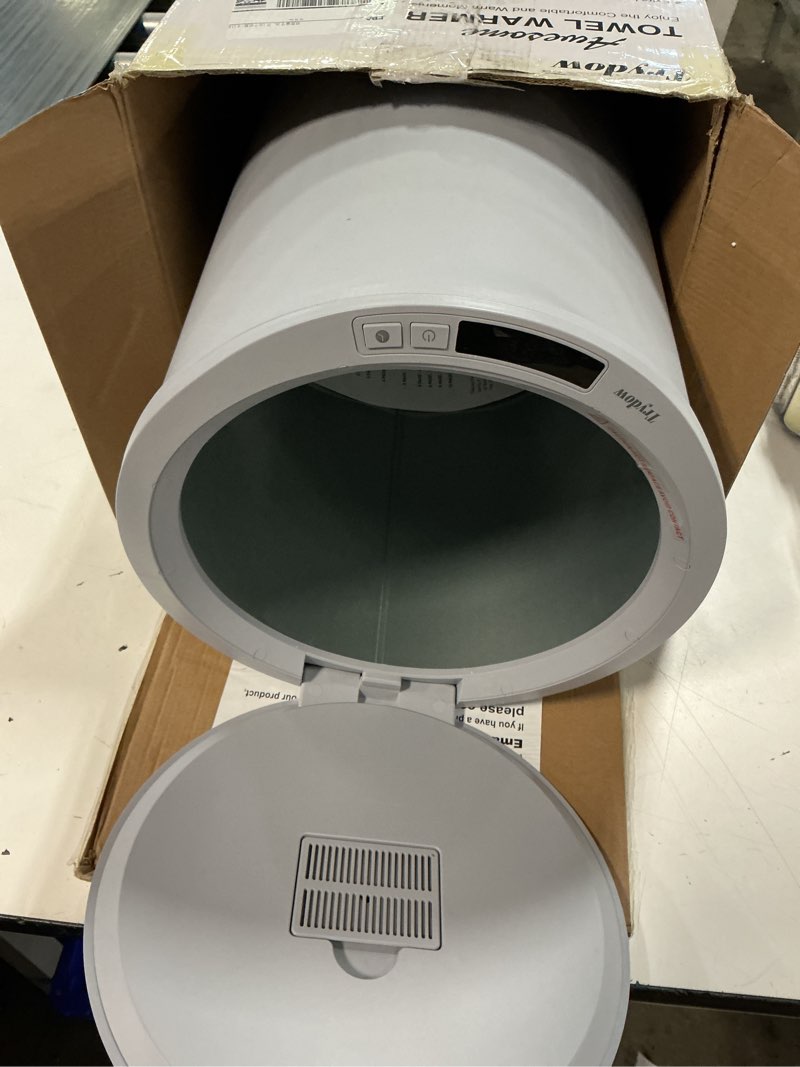 Condition photo showing As Is for trydow ultra large capacity towel warmer bucket, rapid heating with timer, one-button digital display control, safety lock, gifts for him & her, auto shut-off, fits 2 large, blanket, bathrobe, gray grey