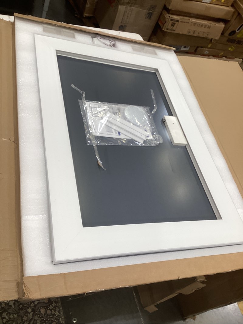 Condition photo showing As Is for rolove 32x 22 inch large lighted vanity mirror with dimmable 3 modes, led makeup mirror for bathroom ? dressing room, tabletop or wall-mounted, white white 22"l x 32"w