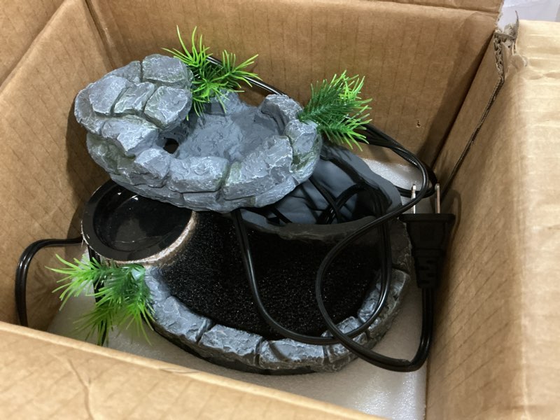 Condition photo showing As Is for mixjoy 2 in 1 reptile water fountain with food dish 550ml, terrarium reptile waterfall drinking fountain, reptile water dispenser for bearded dragon gecko tree frog turtle chameleon leopard lizard mountain feeding style