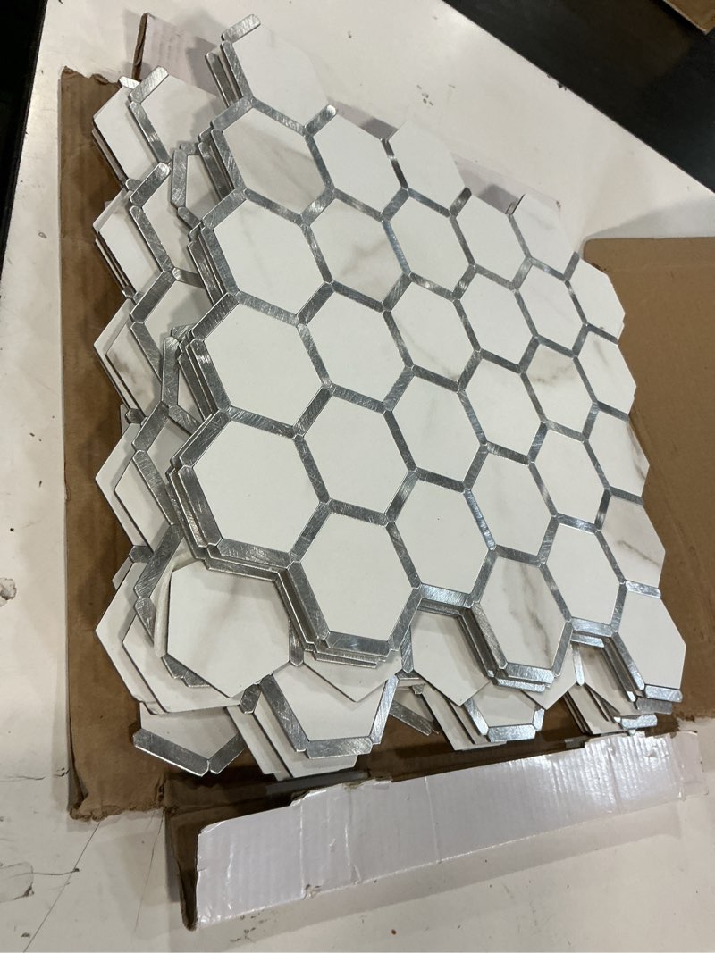 Condition photo showing Good Condition for stickgoo hexagon peel and stick backsplash tile, stick on backsplash for kitchen and bathroom, white marble look pvc mixed metal silver self adhesive wall tiles(10 sheets, seamless) 10 white marble with metal silver