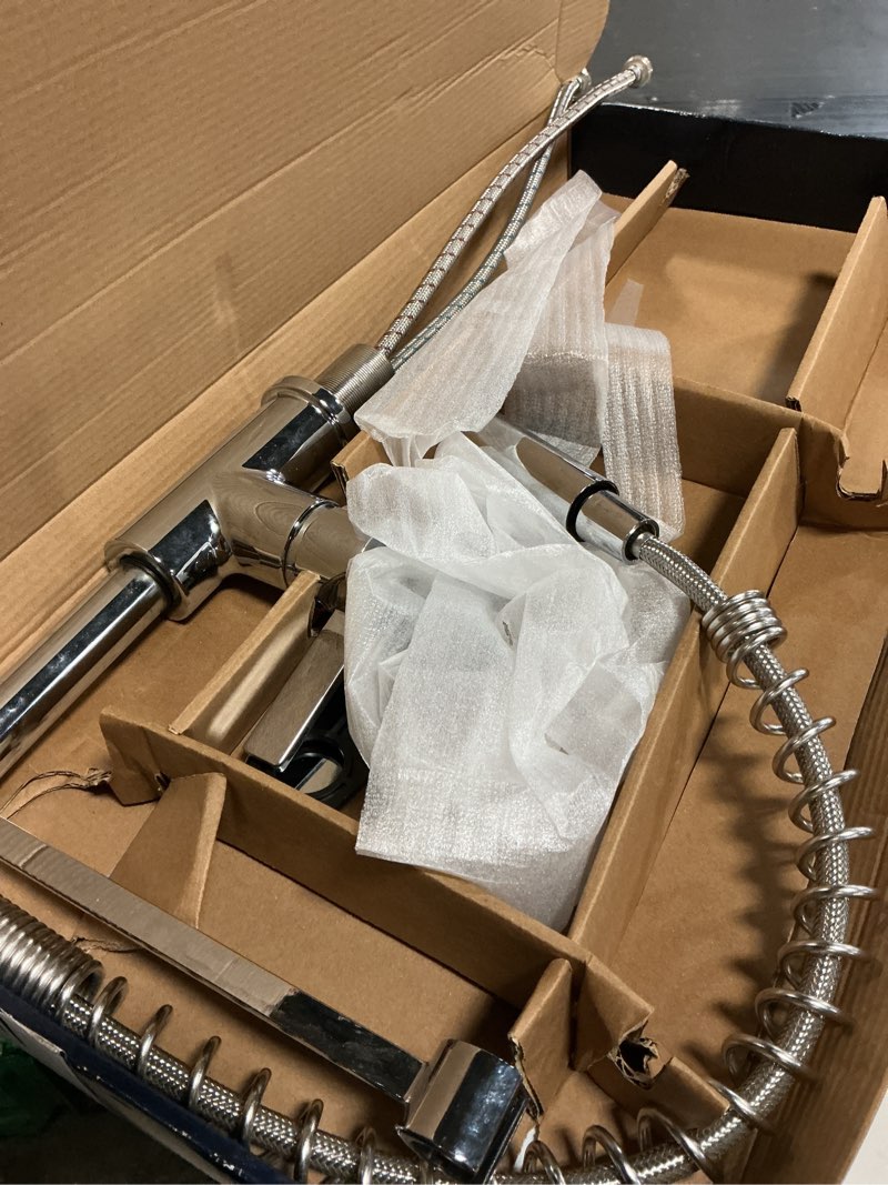 Condition photo showing As Is for project source flynt chrome single handle pull-down kitchen faucet with sprayer (deck plate included)